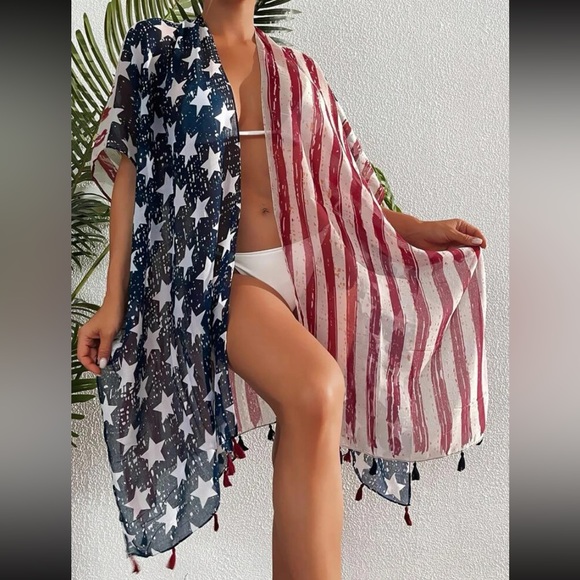 New America Print Boho Tassel Trim Contrast Red Blue Stripe Kimono Swim Cover Up - Picture 11 of 16